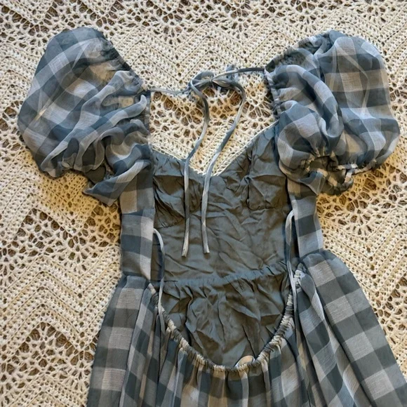 Mable Blue & White Gingham Open Tie Back Midi Dress Size Large Puff Sleeves - Picture 9 of 10